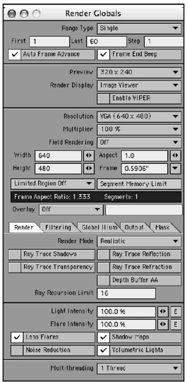 The Render Globals panel, accessible from the Render tab's Options tools.