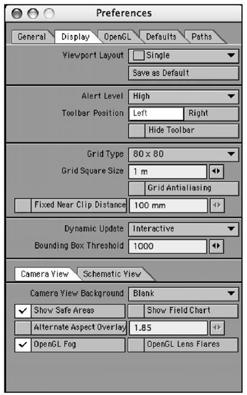  Open LightWave's Preferences panel by pressing the d or o key. Here,you can see the Display Options tab, which opens when you press d.