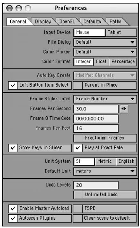 The General Options tab within the Preferences panel contains key settings for LightWave Layout.