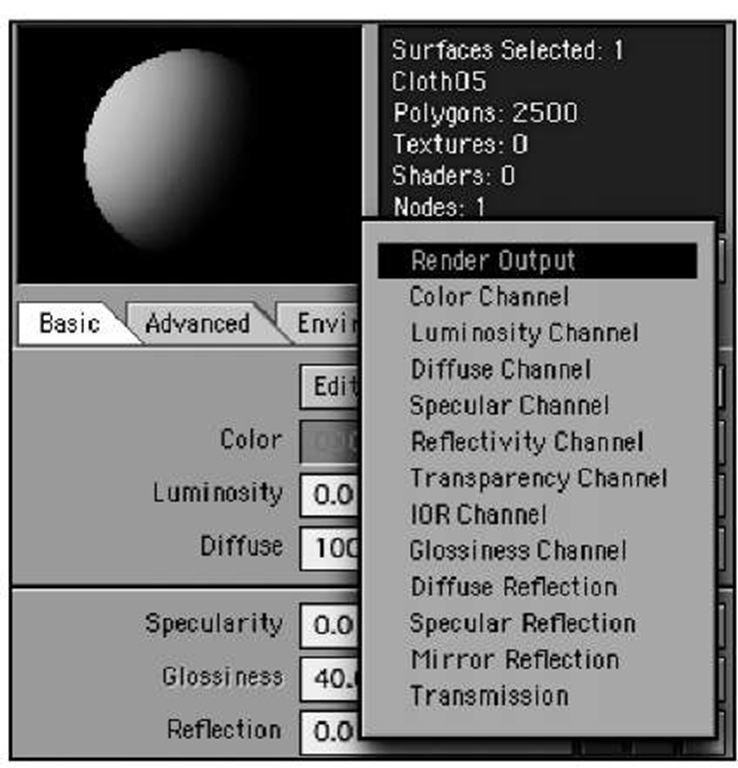 The Display drop-down list's default option, Render Output, shows the collective results of all surface-attribute settings in the preview window.