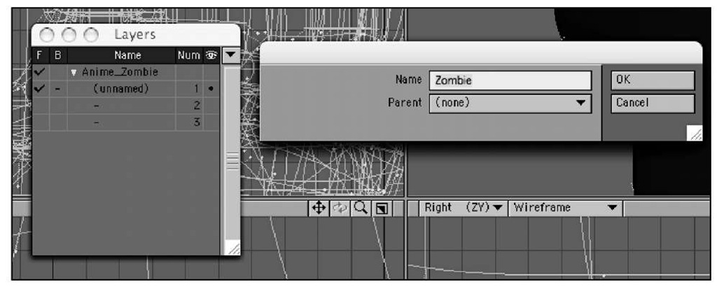 By double-clicking a chosen layer in the Layers panel, you can rename it and parent it to other layers.