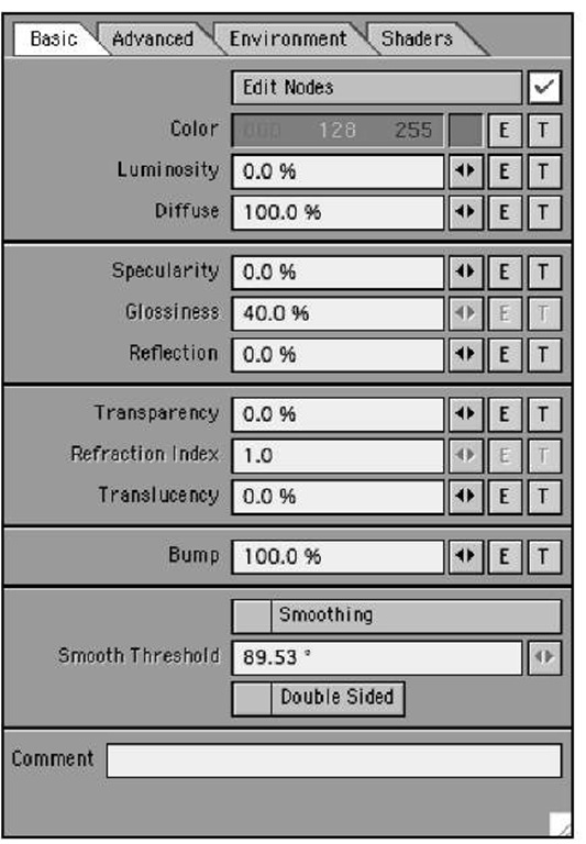 The Basic tab in the Surface Editor is home to the most commonly used surface settings.