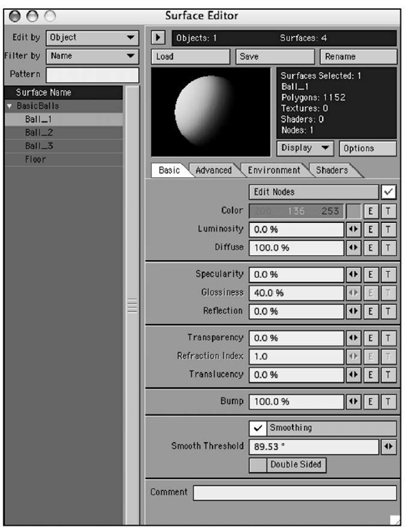  When an object is selected in Layout and the Surface Editor is opened, the selected object's surfaces are listed.
