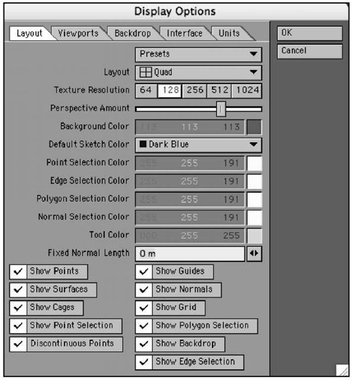 Pressing d calls up the Display Options panel, which controls settings that determine how the LightWave interface is organized.