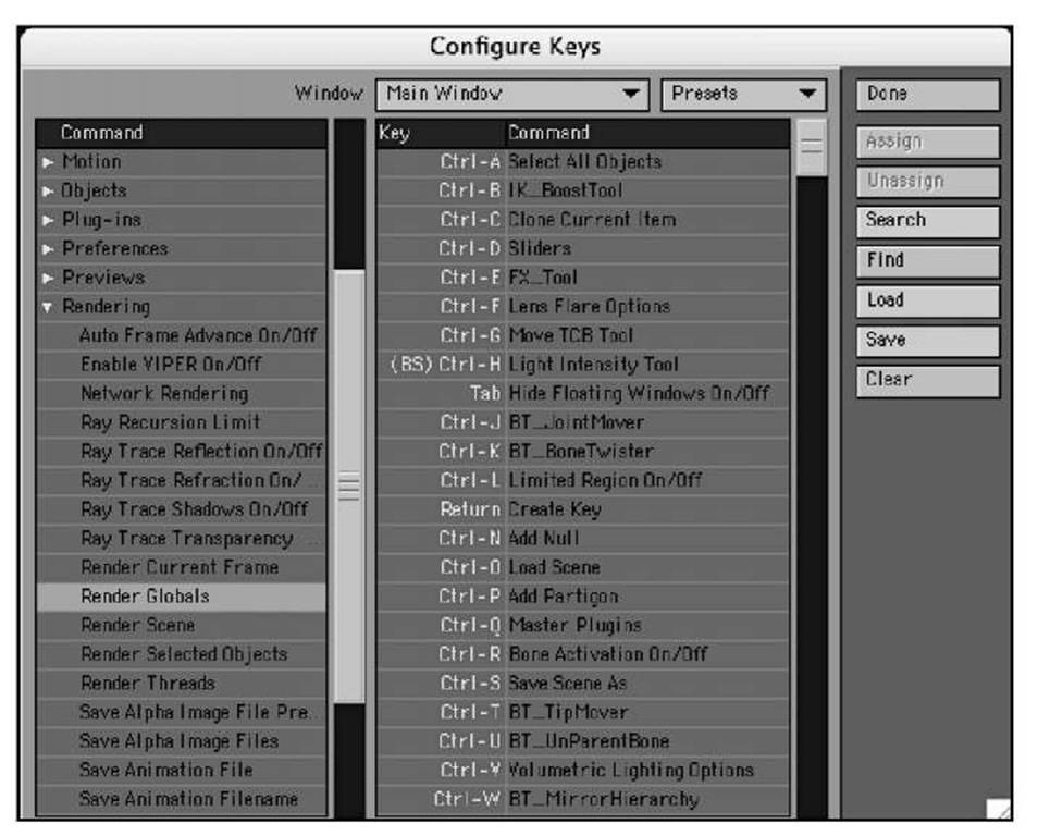 's easy to select various commands from the categories. Here, the Render Globals command is selected.
