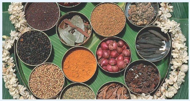 A thali, or food tray, holds a variety of foods and seasonings. 