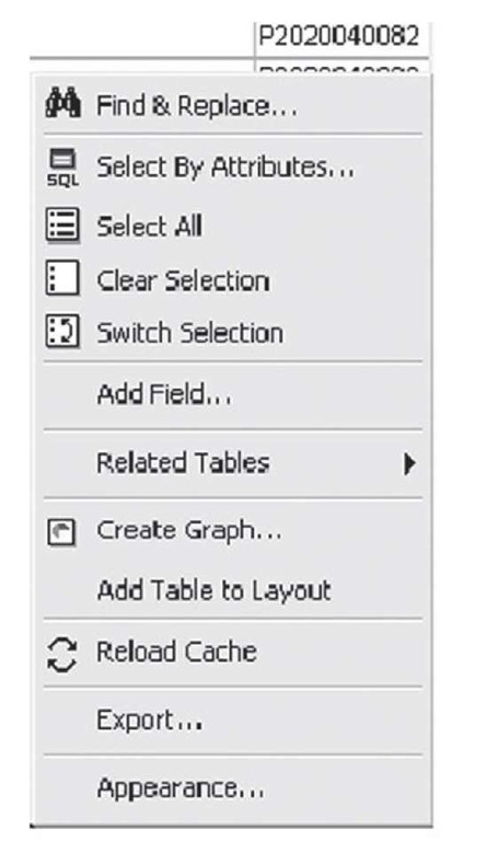 The attribute table options drop down menu