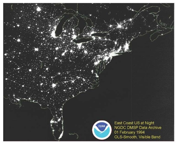 DMSP image of the U.S. East Coast at night.
