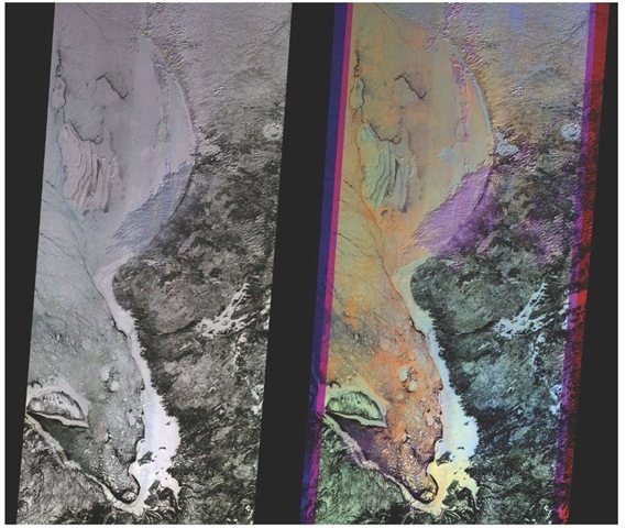Multiangle imaging spectroradiometer (MISR) images of Hudson Bay and James Bay, Canada, February 24, 2000. This example illustrates how multiangle viewing can distinguish physical structures and textures. The images are about 400 km (250 miles) wide with a spatial resolution of about 275 m (300 yards). North is toward the top. Photo credit: NASA/GSFC/JPL, MISR Science Team (PIA02603). 