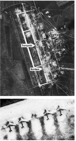 (a) The arrows indicate the number of bombers compared to transport planes. (b) An image chip for the bombers indicated in the figure is displayed here. Credit: NRO. 