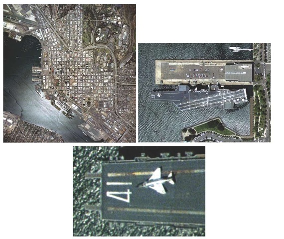Three successive images are shown from an aerial photograph taken over San Diego Harbor (2004). The figure at the top left is the full frame, the figure above (top right) is a small chip from the 21,000 x 21,000 pixel image scanned from the film image. A further zoomed-in view of the 1.3 gigabyte file is shown at bottom left. The resolution is between 6 and 12 inches. Note the glare on the water, and how the wind-driven water waves show from above. The carrier is the USS Midway, part of an exhibit at the San Diego Maritime Museum.
