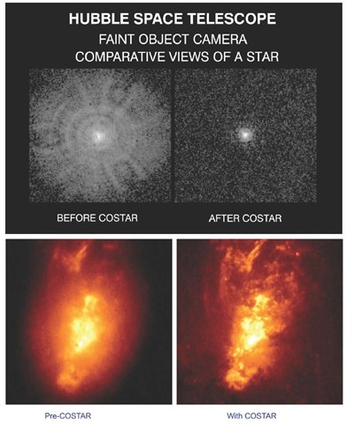 Top Left: A Faint Object Camera (FOC) image of a star taken prior to the STS-61 shuttle mission to service the HST, during which astronauts installed COSTAR. The broad halo (one-arc sec diameter) around the star is caused by scattered, unfocused starlight. Top Right: Following installation, deployment, and alignment of COSTAR, starlight is concentrated into a 0.1-arc sec diameter circle, STSci-PRC1994-08; Bottom Left: The central region of the Active Galaxy NGC 1068, FOC pre-COSTAR. Bottom Right: NGC 1068, with COSTAR, early January, 1994, at a distance of 60 million light years. STSci-PRC1994-07. 