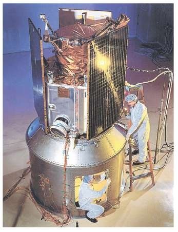 Image of the IKONOS satellite in the acoustic test cell at Lockheed Martin Missiles and Space in Sunnyvale, CA.28