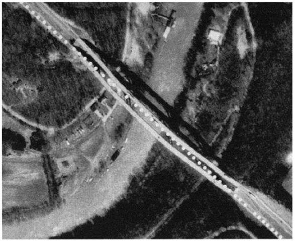 Displacement of bridge spans in orthophoto due to altitude differences. 