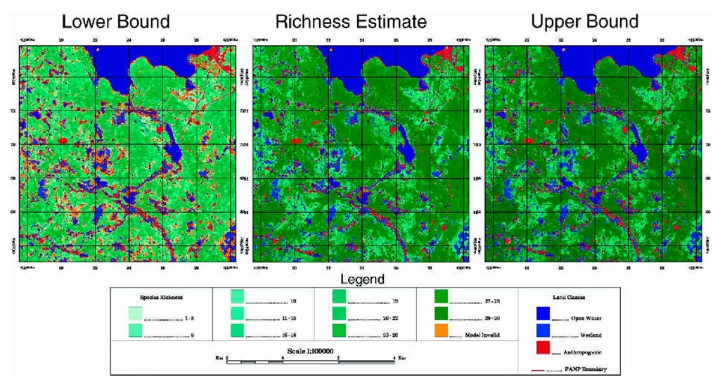 Species richness map together with upper and lower bounds derived from applying the estimated landscape variables in the multivariate regression model.