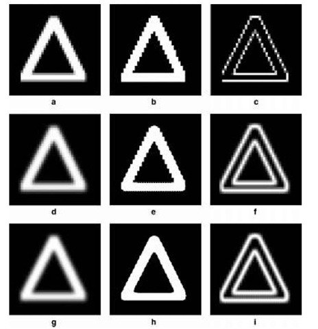 Experimental testing results based on the proposed sub-pixel interpolation method: (a) resampled image from experimental truth image (Figure 5.4b); (b) classification results based on resampled image; (c) entropy results of (b) (40 x 40 pixels); (d) probability image at the sub-pixel scale using central points of neighbouring pixels; (e)classification results at the sub-pixel scale based on (d); (f)entropy results of (e) (200 x 200 pixels); (g) probability image at the sub-pixel scale using the corners or edges of neighbouring pixels; (h) classification results at the sub-pixel scale based on (g); (i) entropy results of (h) (200 x 200 pixels) 