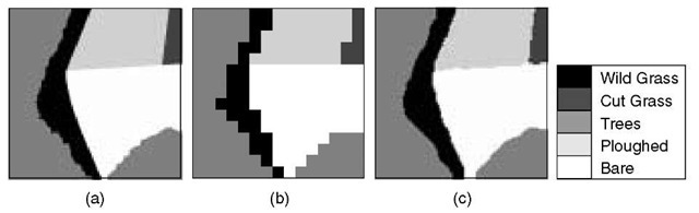 Result of super-resolution mapping. (a) Reference image. (b) Hard classification of the simulated Landsat TM imagery (spatial resolution 30m). (c) Hopfield neural network prediction map (spatial resolution 4.3 m) 