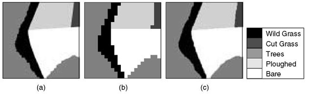 Result of super-resolution mapping. (a) Reference image. (b) Hard classification of the simulated SPOT HRV imagery (spatial resolution 30 m). (c) Hopfield neural network prediction map (spatial resolution 2.9m)