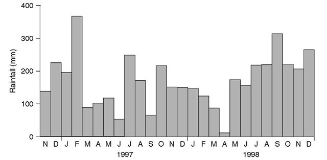 Monthly rainfall (mm) at Danum Valley for the period under study