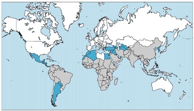 This map displays the distribution of the chloroquine-resistant malaria (gray areas) and chloroquine-sensitive malaria (blue areas) in the Americas and in Asia, Europe, and Africa.