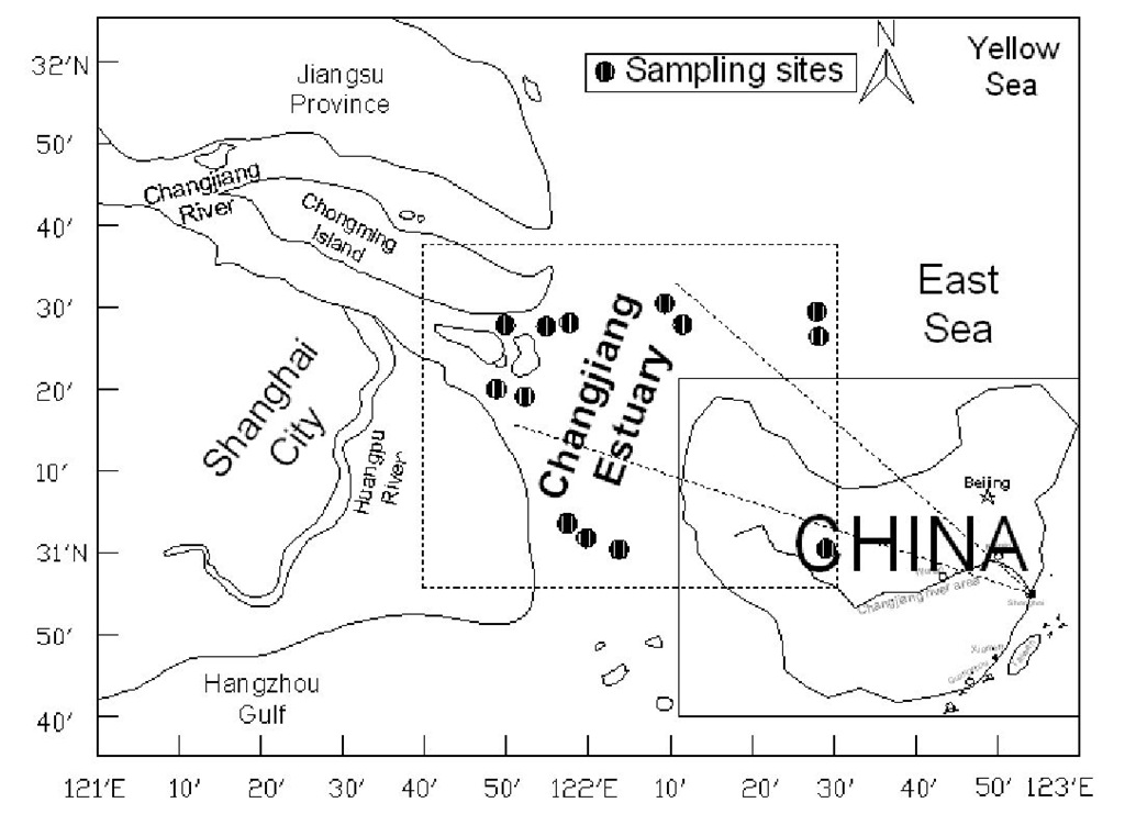 Locations of the sampling sites and schematic map of the Changjiang estuary, China. 