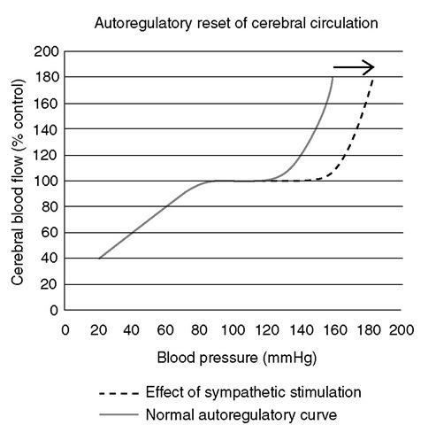 Autoregu latory reset of the cerebral circu lation. The normal curve illustrates the maintenance of cerebral blood flow as arterial blood pressure changes. Stimulation of the sympathetic nervous system results in a shift of the curve to the right, thereby protecting the cerebral vasculature from injury due to surges in blood pressure
