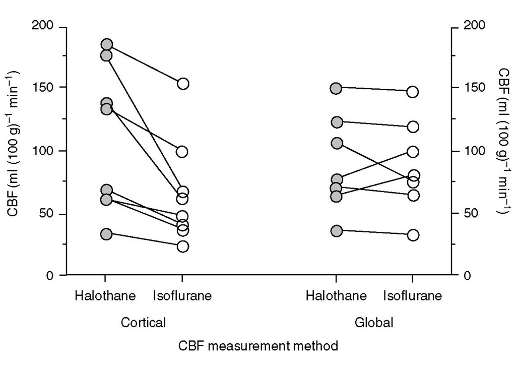 Comparison of mean cerebral blood flow (CBF) in animals anaesthetized with 0.5-1.5 minimum alveolar concentration (MAC) of isoflurane or halothane, either in the same study or in comparable studies from a single research group with identical methodology within a single publication. In studies shown on the left, CBF was estimated using techniques likely to be biased towards cortical flow (e.g. 133Xe wash-out), showing that halothane produces greater increases in CBF. In the studies on the right, CBF was estimated using techniques that measured global cerebral blood flow (e.g. the Kety-Schmidt method); the difference in effects on CBF between the two agents is much less prominent. 