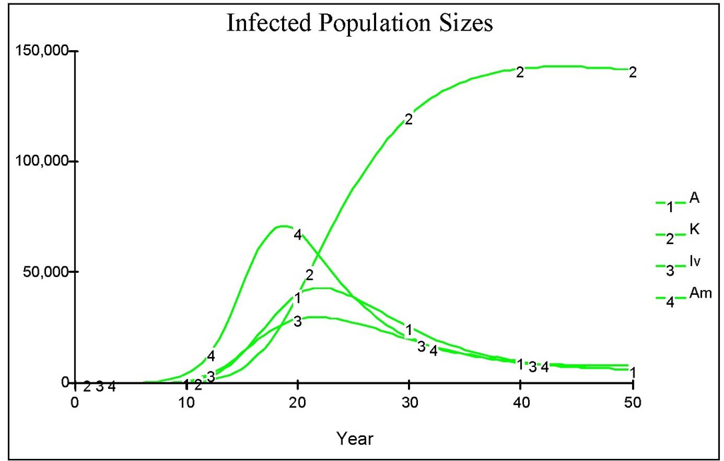 The dynamics of infected population when there is no medical treatment after the invasion of infected human comprising of 10 acute individuals. Here we assume that there is no sub acute individual, initially. 