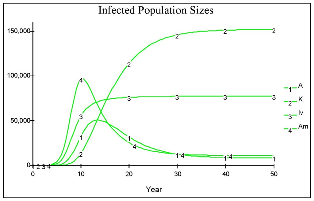 The dynamics of infected population as with all parameters as in Figure 10, with an addition that infection also occurs from the chronic by assuming there is no perfect isolation. 