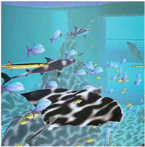 An image of a virutal oceanarium. Texture mapping and fog are used to generate the underwater effects. 