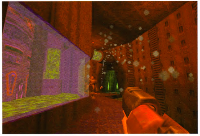 Screen images from Quake II and Quake III Arena, both of which use OpenGL for image generation. Multiple texture mapping passes are used to provide the image quality. Also note the use of fog and alpha blending to increase realism in the scene.