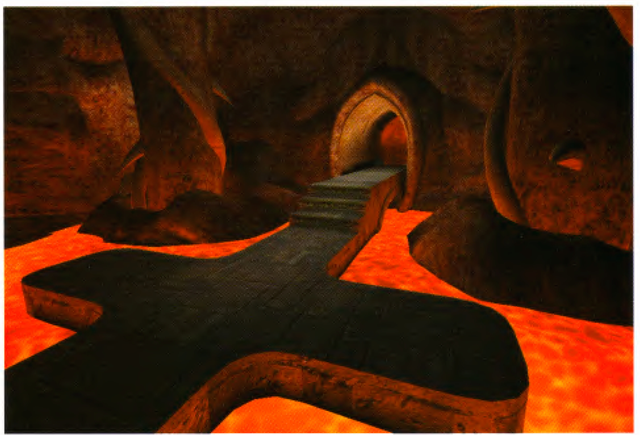 Screen images from Quake II and Quake III Arena, both of which use OpenGL for image generation. Multiple texture mapping passes are used to provide the image quality. Also note the use of fog and alpha blending to increase realism in the scene.