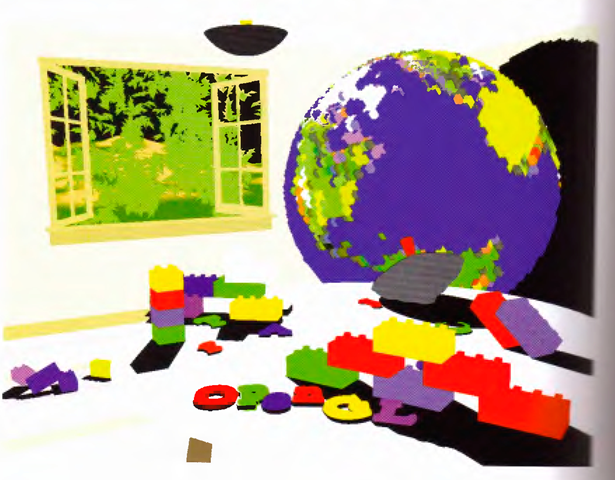 The scene drawn with flat-shaded polygons (a single color for each filled polygon).