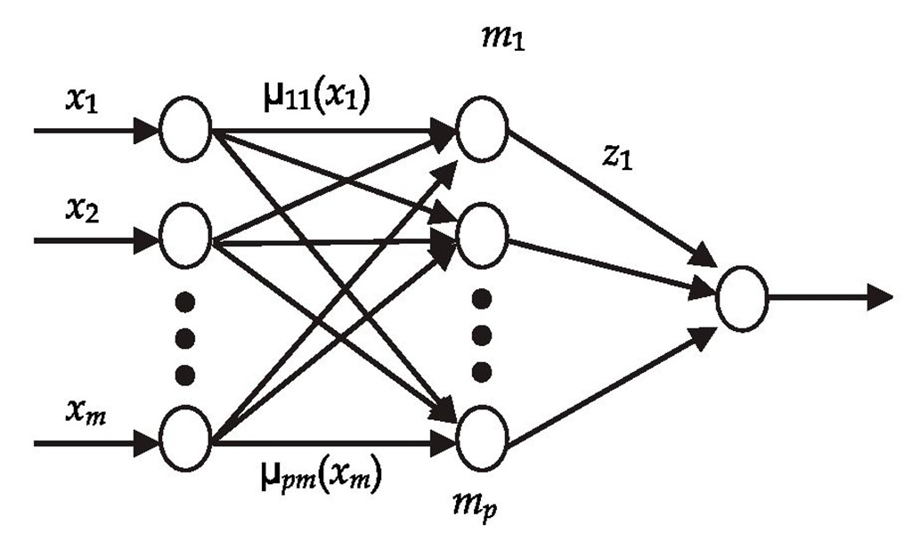 Multi-input single-output neuro-fuzzy system architecture 