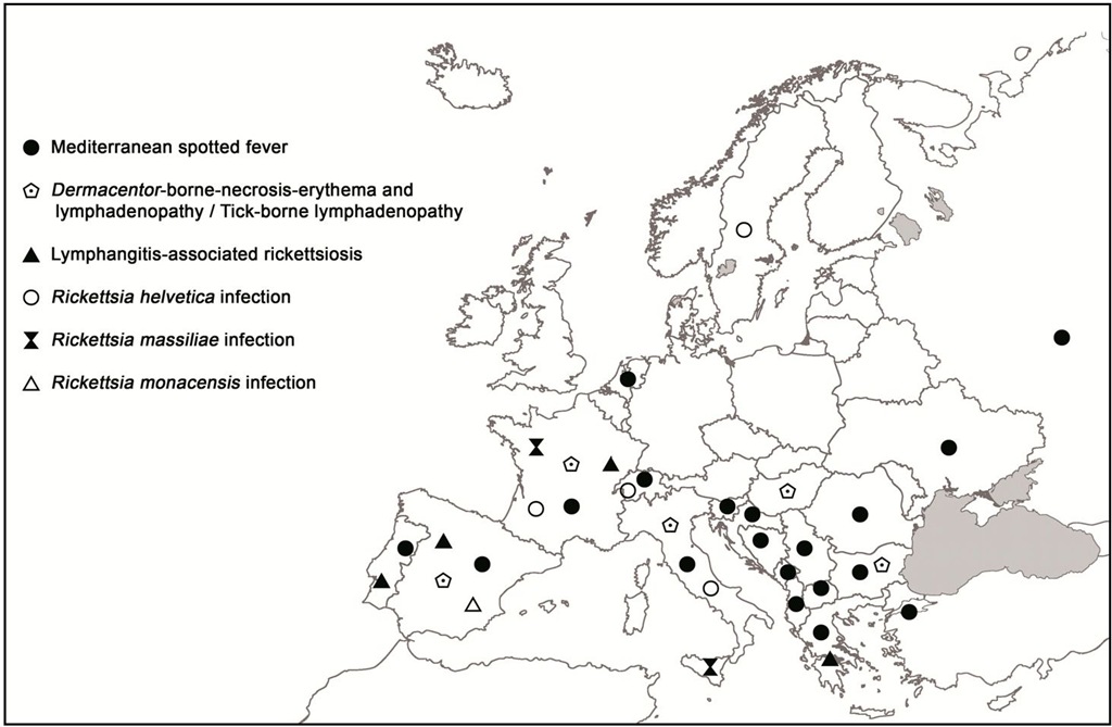 Map showing distribution of human cases of tick-borne rickettsioses in Europe. 