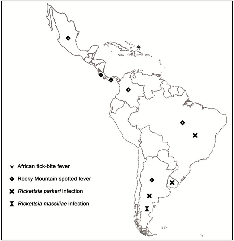 Map showing distribution of human cases of tick-borne rickettsioses in Latin America. 