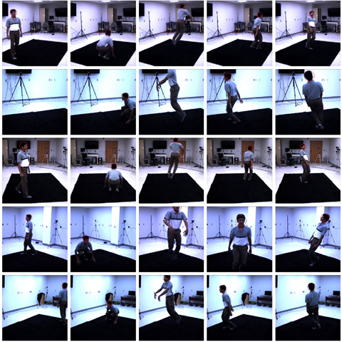 Sample tracking results for a multi-view video sequence. 5 views are shown here. Each row of images is captured by the same camera. Each column of images corresponds to the same time-instant