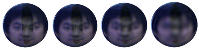  Comparison of the reconstruction qualities of head/face texture map with different number of spherical harmonic coefficients. The images from left to right are: the original 3D head/face texture map, the texture map reconstructed from 40-degree, 30-degree and 20-degree SH coefficients, respectively [32] 