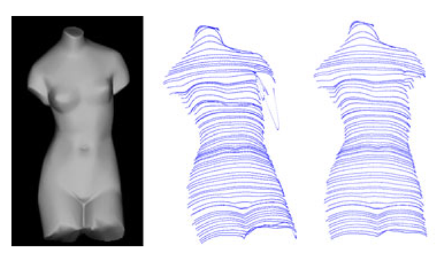 Shadow effect for shape recovery. Left column: original image for one view used for shape recovery and shadow appears near the left arm of the Venus model. Middle column: characteristic curves without using intensity difference threshold for the solution of partial differential equation. Right column: characteristic curves after using intensity difference threshold for the solution of partial differential equation.