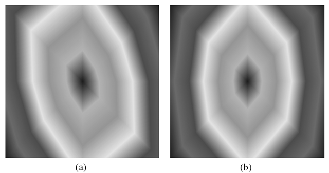 Distance maps generated by a cut metric over an anisotropic grid where and 8-neighbourhood is used. (a) Result generated using a biased cut metric. (b) Result generated using our mirroring-invariant approximation.