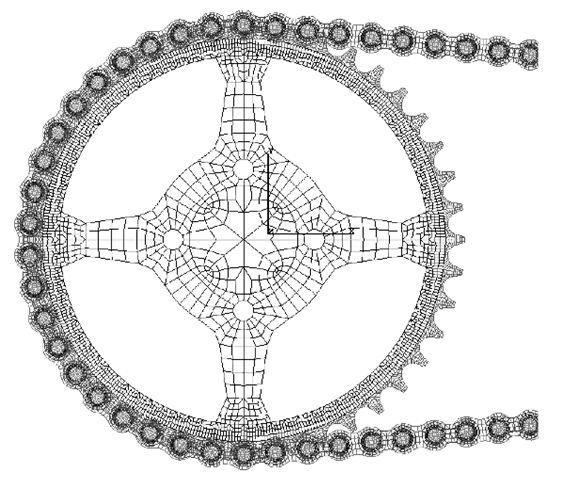 Finite element mesh for a sprocket-chain system (Courtesy of the Institute of High Performance Computing and SunStar Logistics(s) Pte Ltd(s)). 