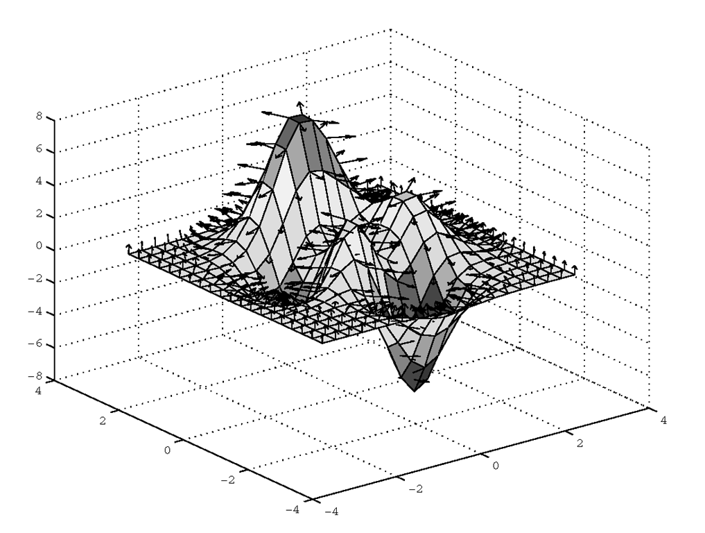 A combined 3-D quiver and surface plot.