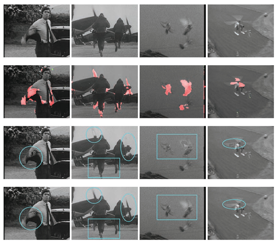 Top row: showing four frames from four different sequences exhibiting pathological motion. Second row from top: PM/blotch detection in red/green respectively. Third row: restoration employing standard detection without PM detection. Incorrectly reconstructed areas are highlighted in cyan. Last row: restoration with PM detection embedded in the blotch removal process. Note the better preservation of the PM regions while still rejecting blotches. 