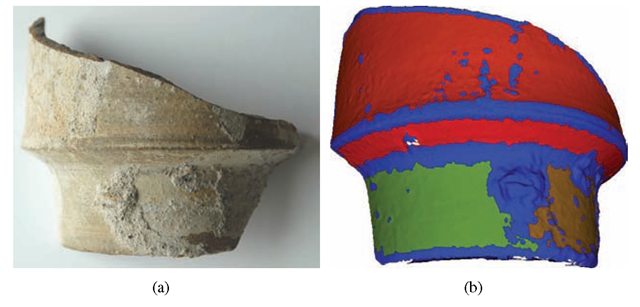 (a) An archaeological pot fragment excavated in Petra, Jordan. (b) A segmentation of the fragment surface in (a) from [53] obtained by dividing the surface into regions that are well approximated by a single quadratic surface patch. (b) Four quadratic surface patches indicated in orange, red, green, and brown. Blue surface points are those points that do not lie close to any of the estimated quadratic patches and typically include blemishes on the sherd surface created by calcification, chipping, and weathering. This asymmetric surface data can make automatic estimation of the vessel axis and profile curve problematic, and exclusion of these regions can greatly improve the accuracy and robustness of sherd surface estimation approaches. 