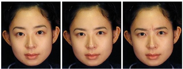 Mapping a thinking expression. Left: neutral face. Middle: result from geometric warping. Right: result from ERI.