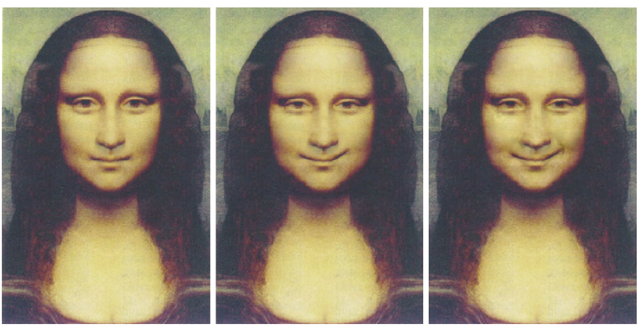 Mapping a smile to Mona Lisa’s face. Left: “neutral” face. Middle: result from geometric warping. Right: result from ERI.