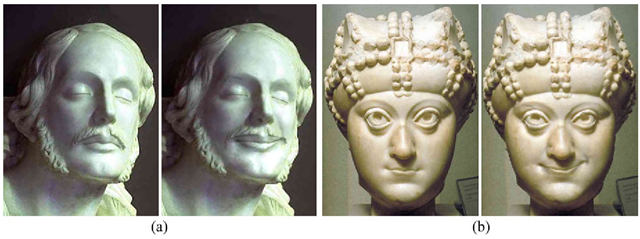 Mapping expressions to statues. a Left: original statue. Right: result from ERI. b Left: another statue. Right: result from ERI.
