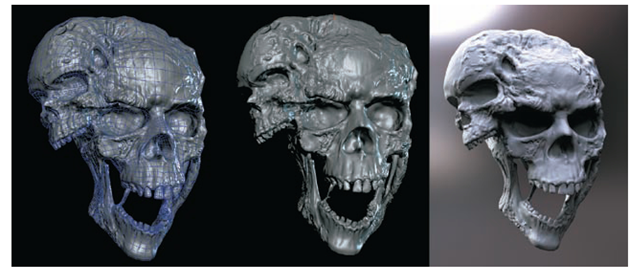 This character head is rendered with a normal map. The first image is the normal map with wireframe in the Maya viewport. The second image shows the normal map rendered in the Maya viewport. The third image is the normal mapped mesh rendered in mental ray with Final Gather and Image Based Lighting. 
