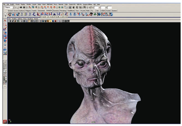 The decimated model and texture map displayed in the Maya viewport
