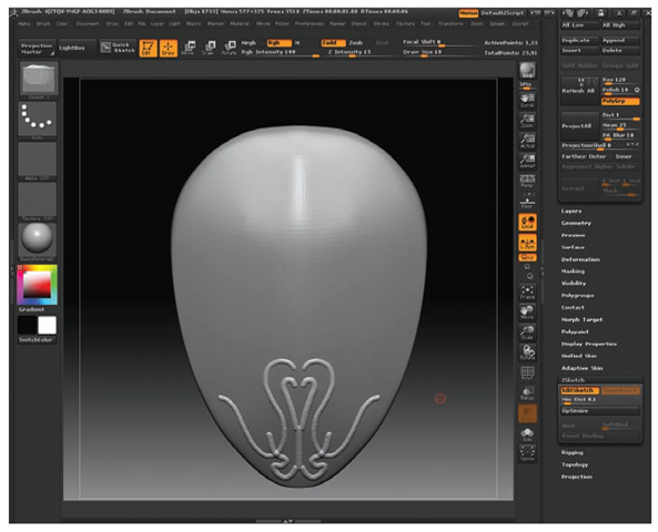 With Edit Sketch enabled, you can draw strokes directly on the shield.